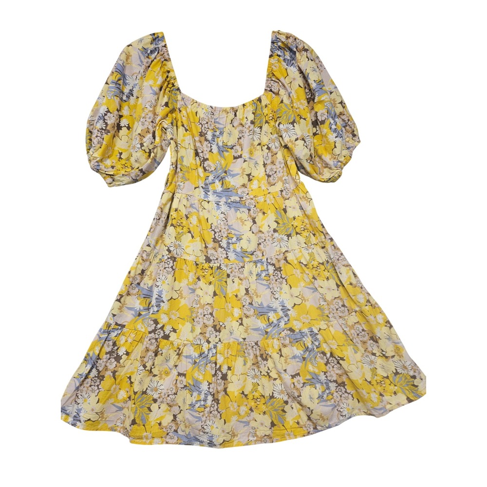 Sim & Sam Yellow Floral Tiered Smocked Back Puff Sleeve Cotton Mini Dress Medium